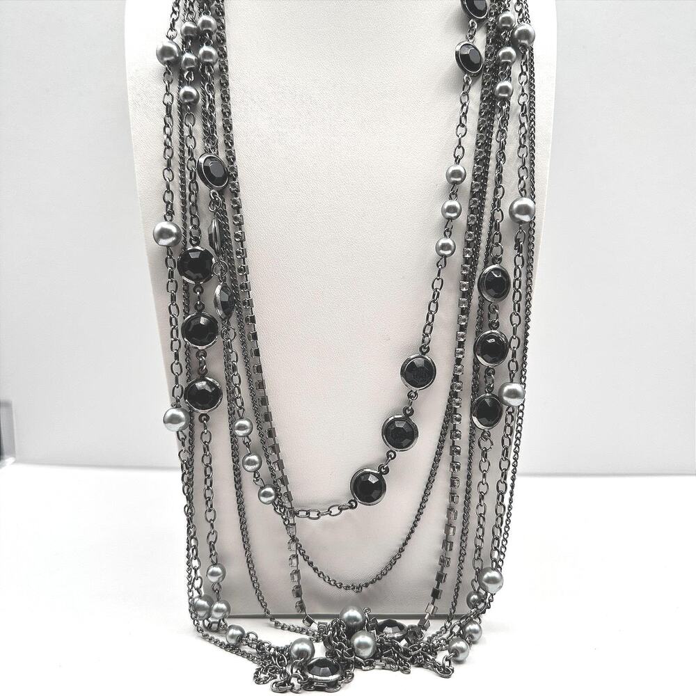 Vintage 90s Multi Strand Layered Necklace Faux Pearl Black Stone Gunmetal Tone